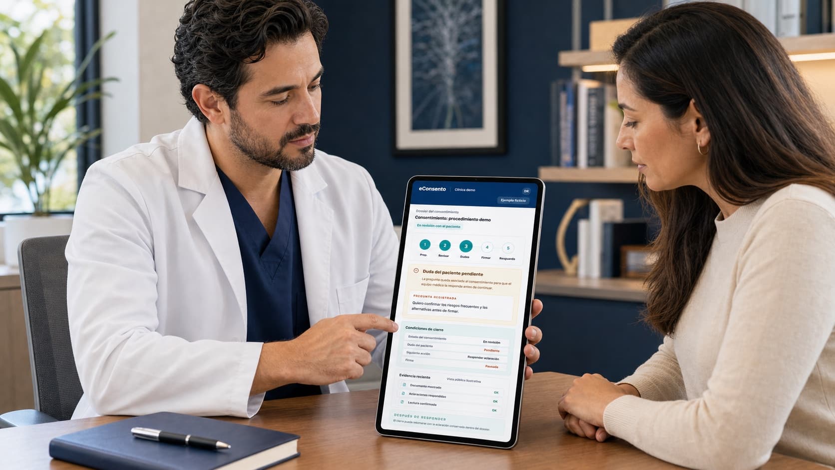Médico explicando a una paciente el consentimiento informado con eConsento en una tablet vertical.