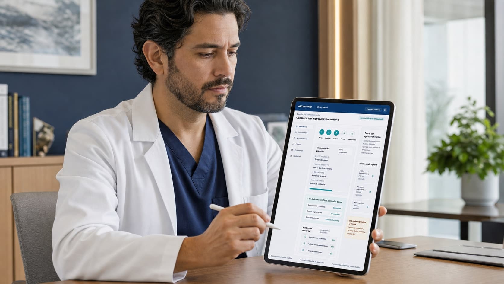 Médico preparando un consentimiento informado en eConsento desde una tablet.